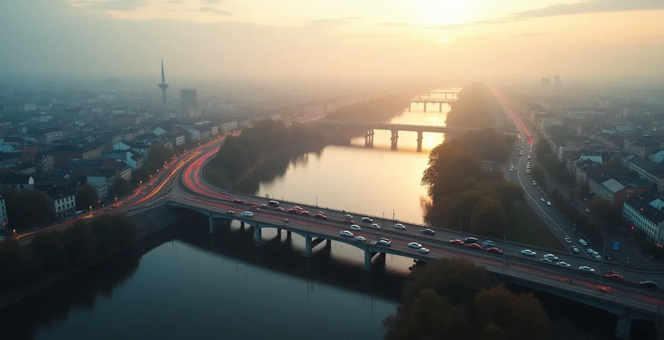 Vue aérienne floue de Liège montrant les ponts sur la Meuse et les zones d'embouteillages aux heures de pointe
