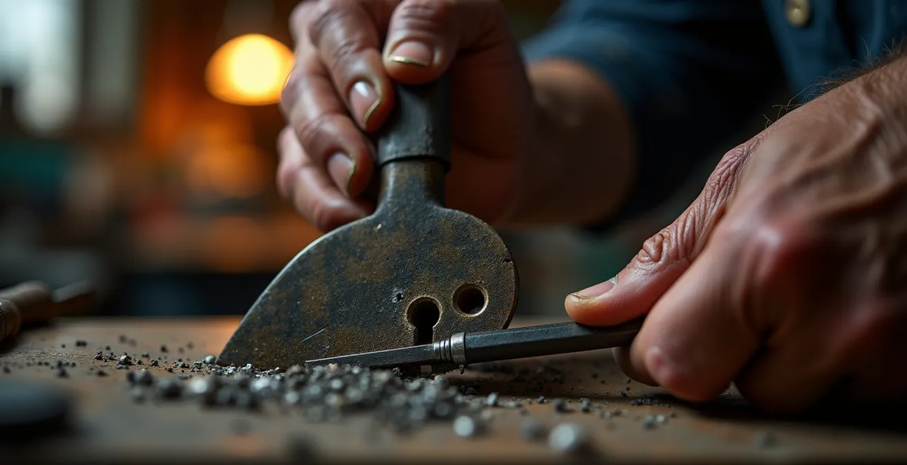 Gros plan sur les mains expertes d'un serrurier travaillant sur un mécanisme de serrure complexe avec ses outils professionnels