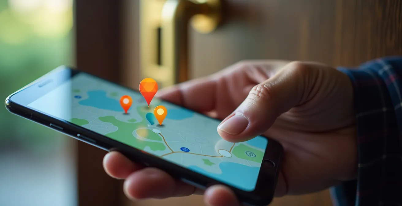 Main tenant un smartphone montrant une application de géolocalisation avec marqueur de position